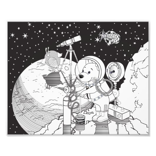Kleurruimte met een astronautenpuppy foto afdruk (Voorkant)