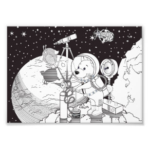 Kleurruimte met een astronautenpuppy foto afdruk