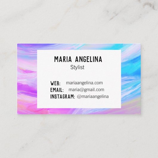 Kleurschilderij van abstract paars blauw visitekaartje (Achterkant)