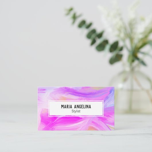 Kleurschilderij van abstract paars visitekaartje (Staand voorkant)