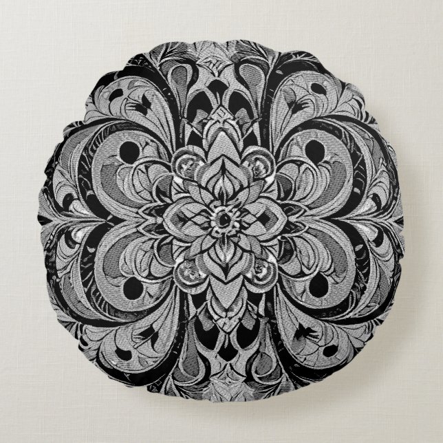Kleursymfonie Mandala – Krachtige Psychedelische B Rond Kussen (Voorkant)
