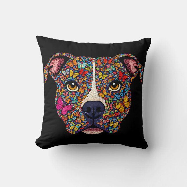 Kleurtherapie Vlinder Hond Portret Pitbull Mama Kussen (Voorkant)
