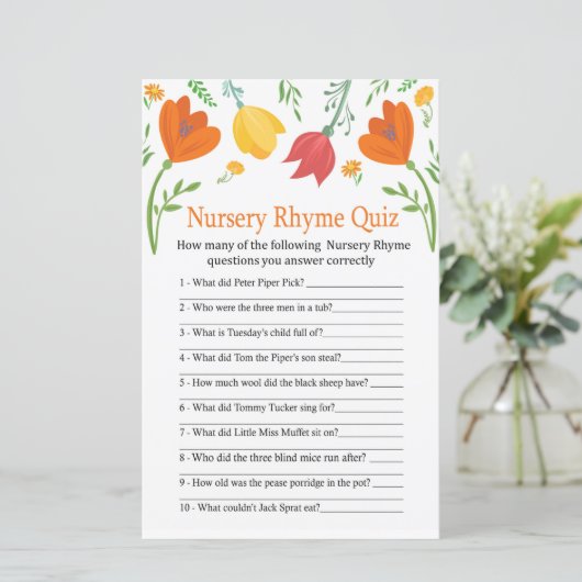 Kleurtulpen Nursery Rhyme Quiz baby shower game (Staand voorkant)