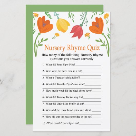 Kleurtulpen Nursery Rhyme Quiz baby shower game (Voorkant / Achterkant)