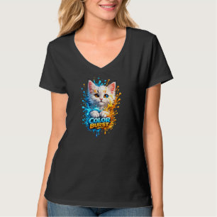 Kleuruitbarsting Kat – Levendige Verfspatten Dames T-shirt