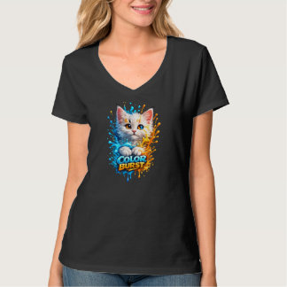 Kleuruitbarsting Kat – Levendige Verfspatten Dames T-shirt