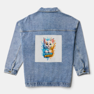 Kleuruitbarsting Kat – Levendige Verfspatten Spijk Denim Jacket