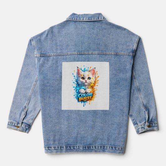 Kleuruitbarsting Kat – Levendige Verfspatten Spijk Denim Jacket (Achterkant)