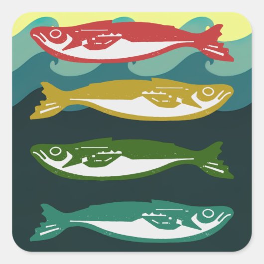 Kleurvis op golven vierkante sticker (Voorkant)