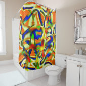 Kleurvlekken op gebogen groenbeige strepen douchegordijn (In situ)