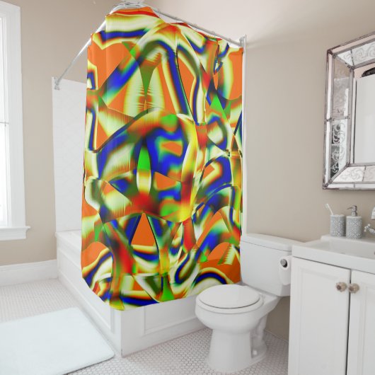 Kleurvlekken op gebogen groenbeige strepen douchegordijn (In situ)