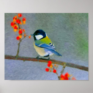 Kleurvogel met rode/oranje bloemen poster