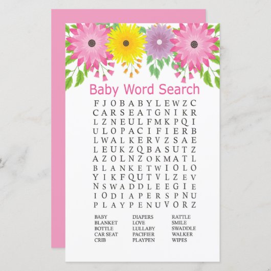 Kleurvolle bloemen Baby shower Word Search Game (Voorkant / Achterkant)
