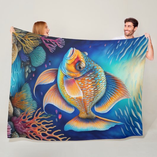 Kleurvolle krijttekening van een vis fleece deken (In situ)