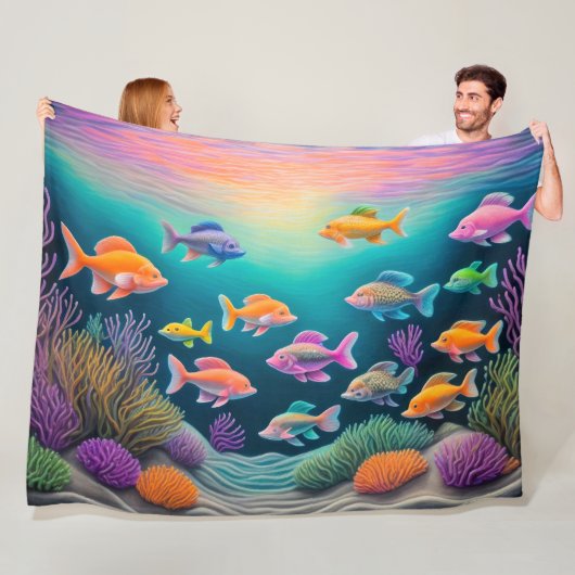 Kleurvolle krijttekening vis fleece deken (In situ)