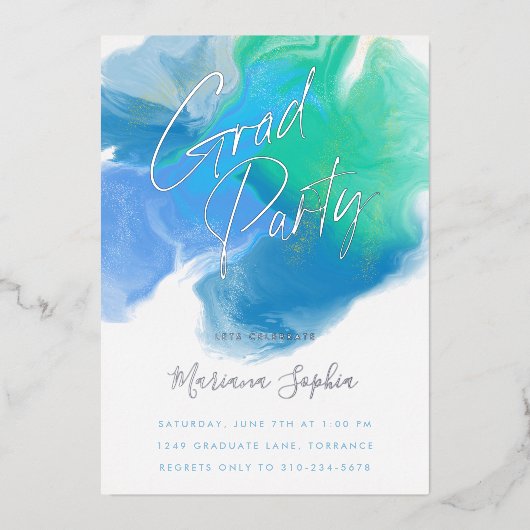 Kleurwasblauw groen Afstudeerder Partij Zilver Folie Uitnodiging (Voorkant)