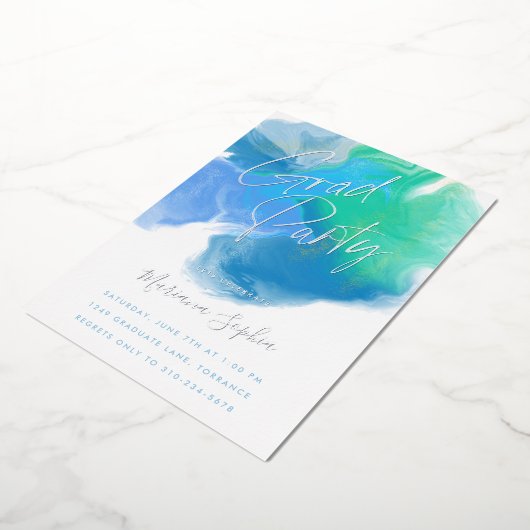 Kleurwasblauw groen Afstudeerder Partij Zilver Folie Uitnodiging (Gedraaid)
