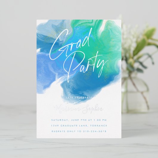 Kleurwasblauw groen Afstudeerder Partij Zilver Folie Uitnodiging (Staand Voorkant)