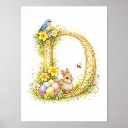 Kleuterbrief D Baby Konijn Initiaal Gouden Bloemmo Poster (Voorkant)