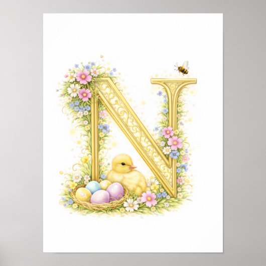 Kleuterbrief N Baby Eendje Initiaal Gouden Bloemmo Poster (Voorkant)