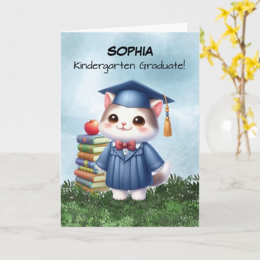 Kleuterschool Afstuderen Meisje Kat Gefeliciteerd Kaart (Gele Bloem)