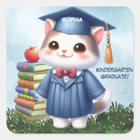 Kleuterschool Afstuderen Meisje Kat Gefeliciteerd Vierkante Sticker (Voorkant)