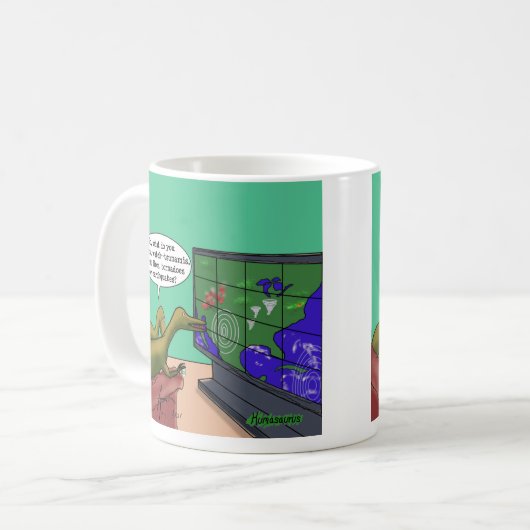 Klimaatverandering-dinosauriërs Parody-Cartoon Koffiemok (Voorkant links)