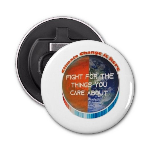 Klimaatverandering is hier button flesopener (Voorkant)