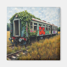 Klimop en graffiti bedekken verlaten trein