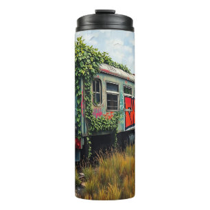 Klimop en graffiti bedekken verlaten trein thermosbeker