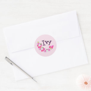 Klimopnaam met baby-meerkat bloemenguirlande, ronde sticker