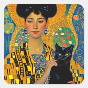 Klimpteske vrouw en zwarte kat vierkante sticker