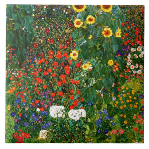 Klimt - Boerderij tuin met zonnebloemen, Tegeltje