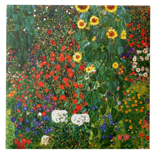 Klimt - Boerderij tuin met zonnebloemen, Tegeltje (Voorkant)