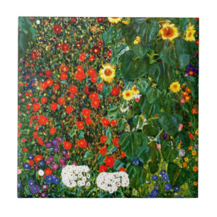 Klimt - Boerderij tuin met zonnebloemen Tegeltje