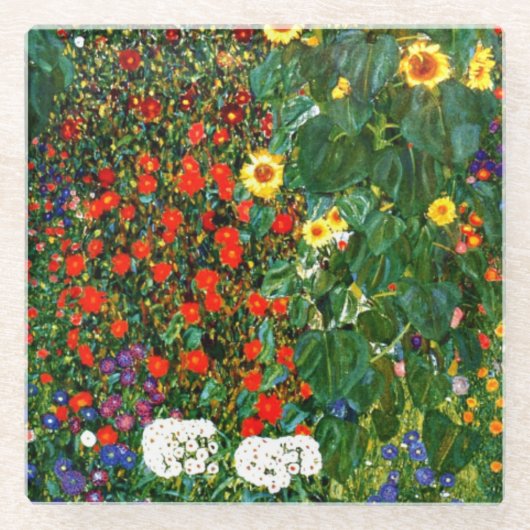 Klimt - Boerderijtuin met zonnebloemen tegel Glazen Onderzetter (Voorkant)