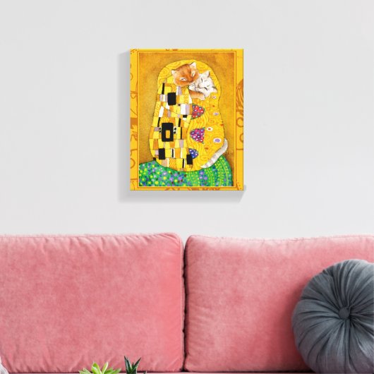 Klimt Cat Kiss Gouden kunstparodie Canvas Afdruk (Insitu (Woonkamer))