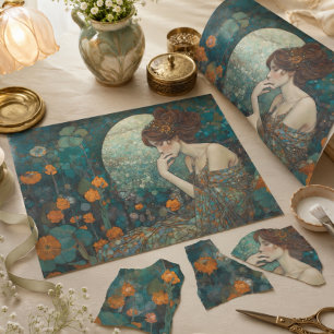 Klimt-Geïnspireerde Maanbloem Art Nouveau Decoupag Inpakpapier Vel