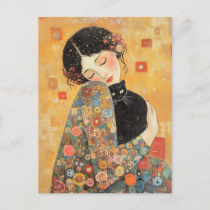 Klimt-geïnspireerde vrouw en kat briefkaart