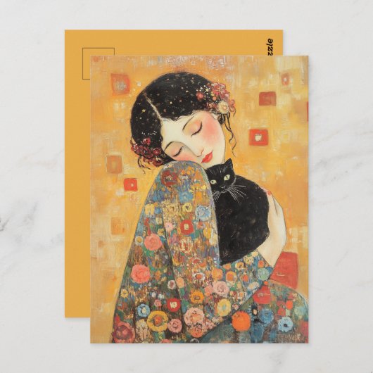 Klimt-geïnspireerde vrouw en kat briefkaart (Voorkant / Achterkant)
