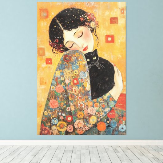 Klimt-geïnspireerde vrouw en kat canvas afdruk (Insitu (Houten vloer))
