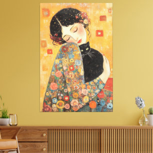 Klimt-geïnspireerde vrouw en kat canvas afdruk