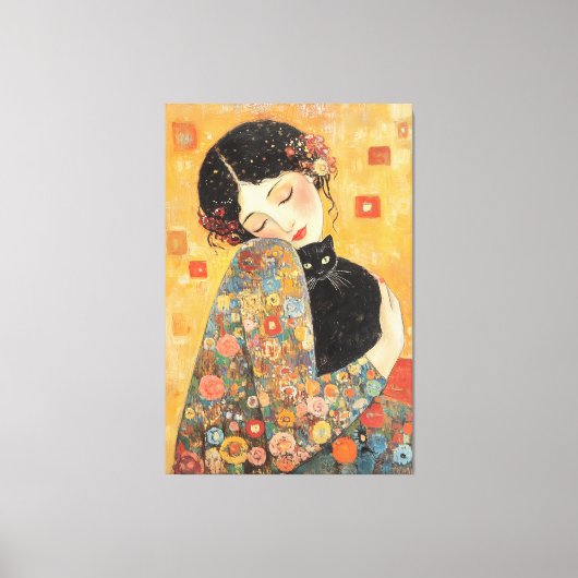 Klimt-geïnspireerde vrouw en kat canvas afdruk (Voorkant)