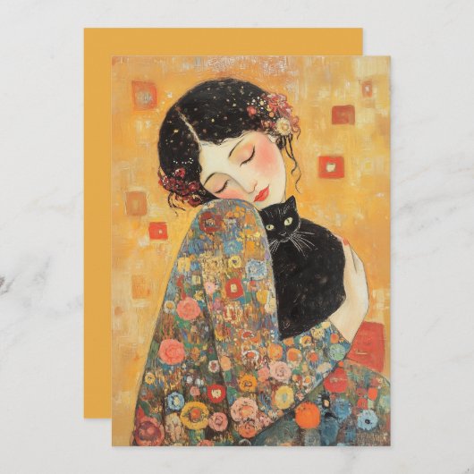 Klimt-geïnspireerde vrouw en kat kaart (Voorkant / Achterkant)