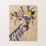 Klimt Giraffe | Bodemteelt Legpuzzel<br><div class="desc">Deze afbeelding bevat een zoete giraf geadorbeerd in een kroon van bloemen | door Victoria Borges. Afbeelding-ID: 128245GG</div>