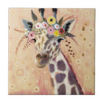 Klimt Giraffe | In bloemen toegevoegd Tegeltje<br><div class="desc">Deze afbeelding bevat een zoete giraf geadorbeerd in een kroon van bloemen | Door Victoria Borges</div>