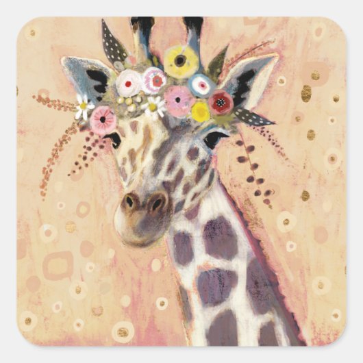 Klimt Giraffe | In bloemen toegevoegd Vierkante Sticker (Voorkant)