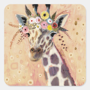 Klimt Giraffe   In bloemen toegevoegd Vierkante Sticker