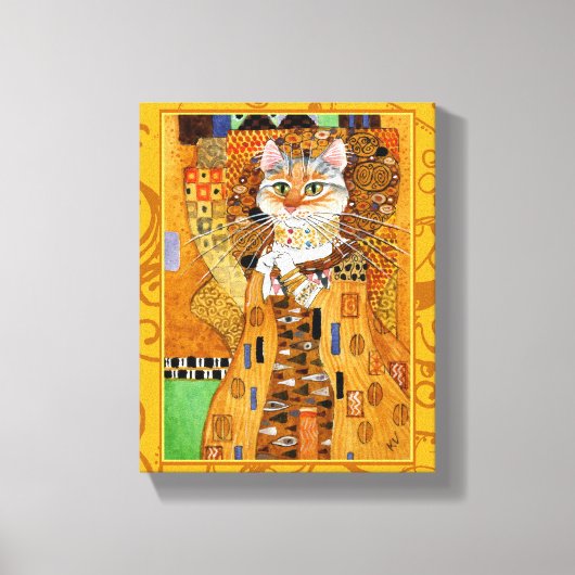 Klimt Kat Vrouw in Gouden kunstparodie Canvas Afdruk (Voorkant)