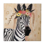 Klimt Zebra | Bodemteelt Tegeltje<br><div class="desc">In deze afbeelding staat een zoete zebra gekleurd in een kroon van bloemen. | door Victoria Borges. Afbeelding-ID: 128246GG</div>
